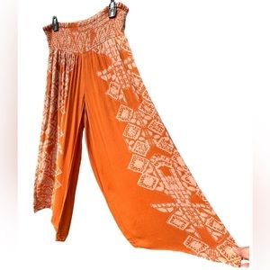 Free People Bohemian Wide Leg Ruched Waistband Pants Orange/Beige Size Medium